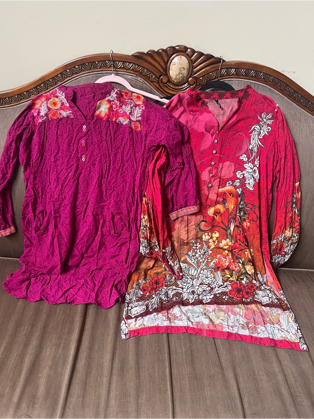 Two Women's Fuchsia Floral Button-Front Tunic Tops